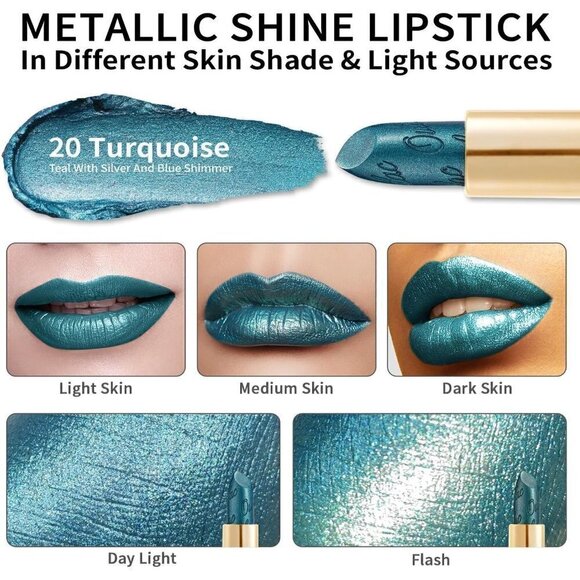 Oulac Metallic Glitter Green Lipstick for Women 4.3 g/0.15 oz (Turquoise(20)) - Picture 3 of 8
